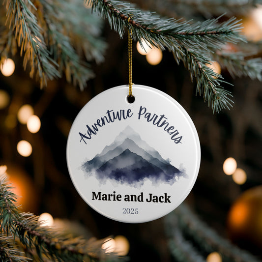 Personalized Adventure Partners Mountains Ceramic Ornament (2-sided)