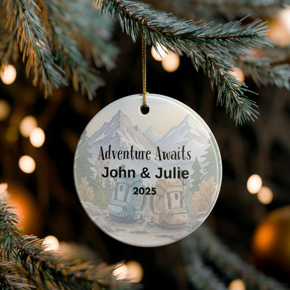 Personalized Adventure Awaits Ceramic Ornament (2-sided)