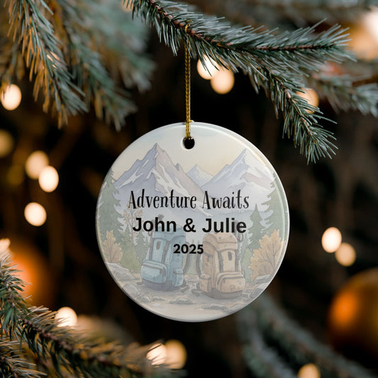 Personalized Adventure Awaits Ceramic Ornament (2-sided)
