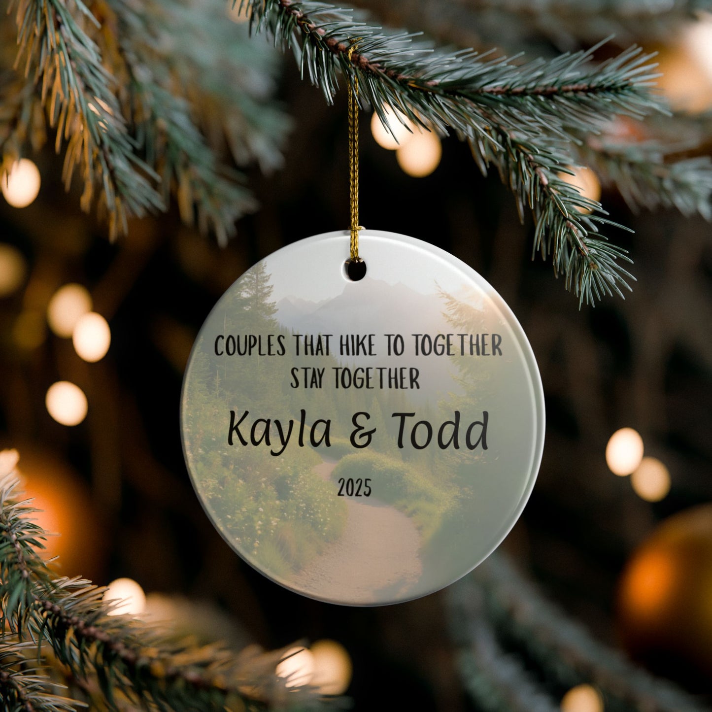 Personalized Couples That Hike Together Ceramic Ornament (2-sided)